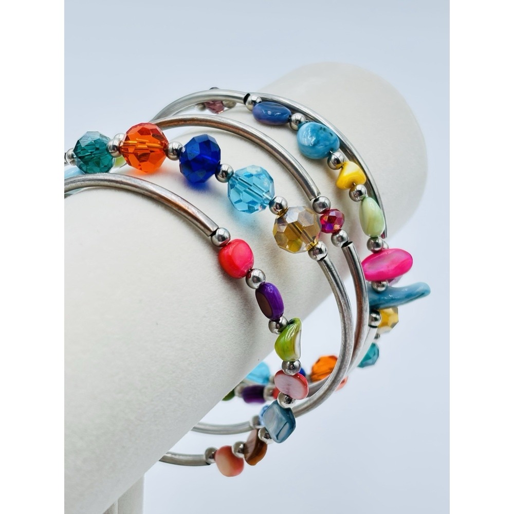 Colorful Beaded Bangle Bracelets Set Silver Tone Glass Stone Stack Boho Festival